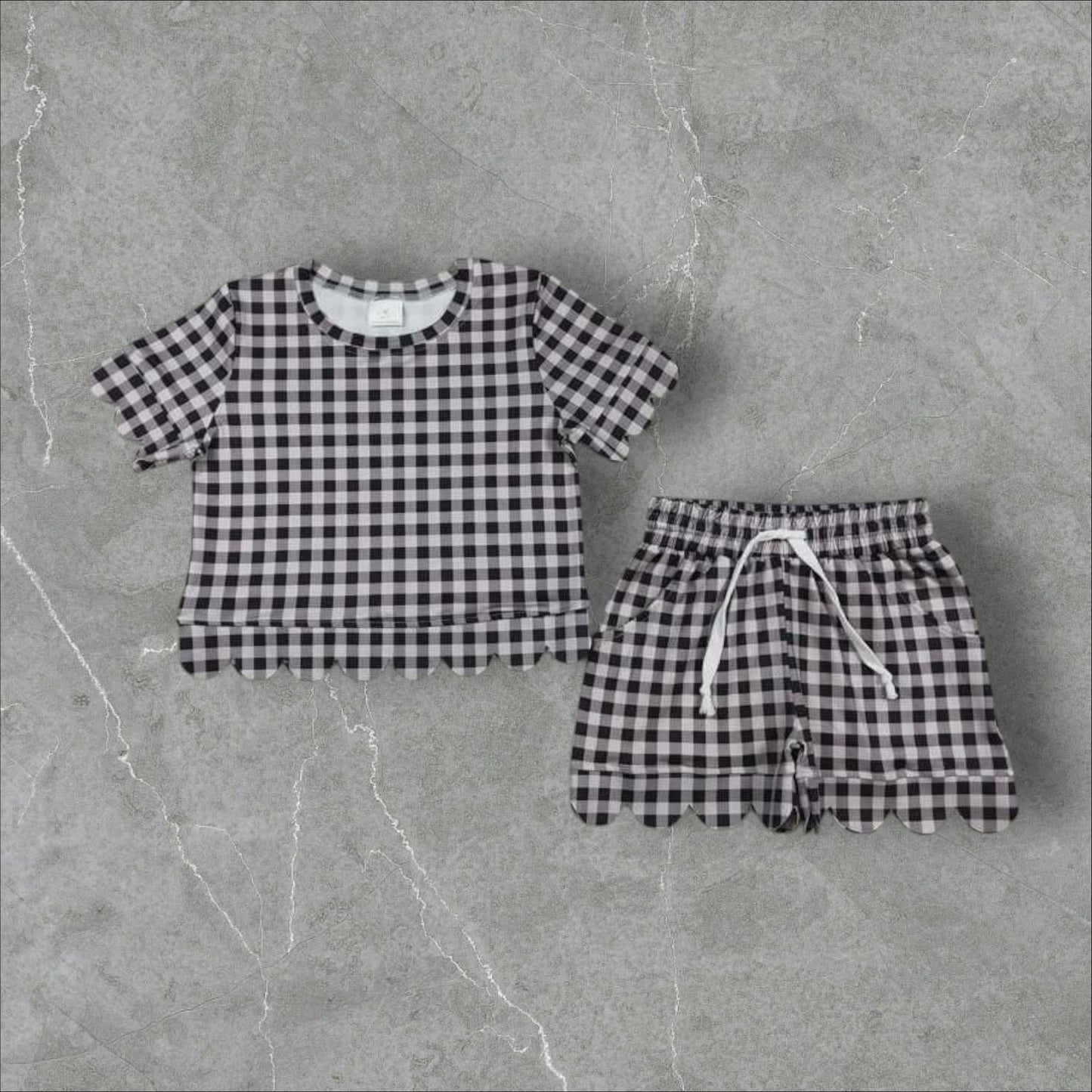 *PRE-ORDER* Black Gingham Scallop Athletic Shorts Set