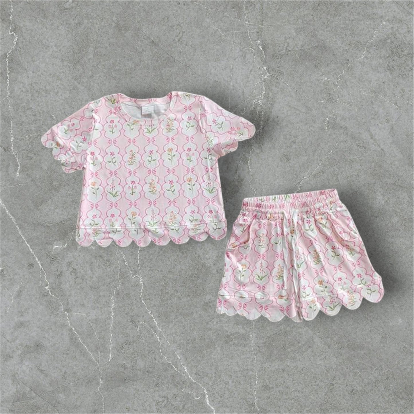 *PRE-ORDER* Pink Floral Scallop Athletic Shorts Set