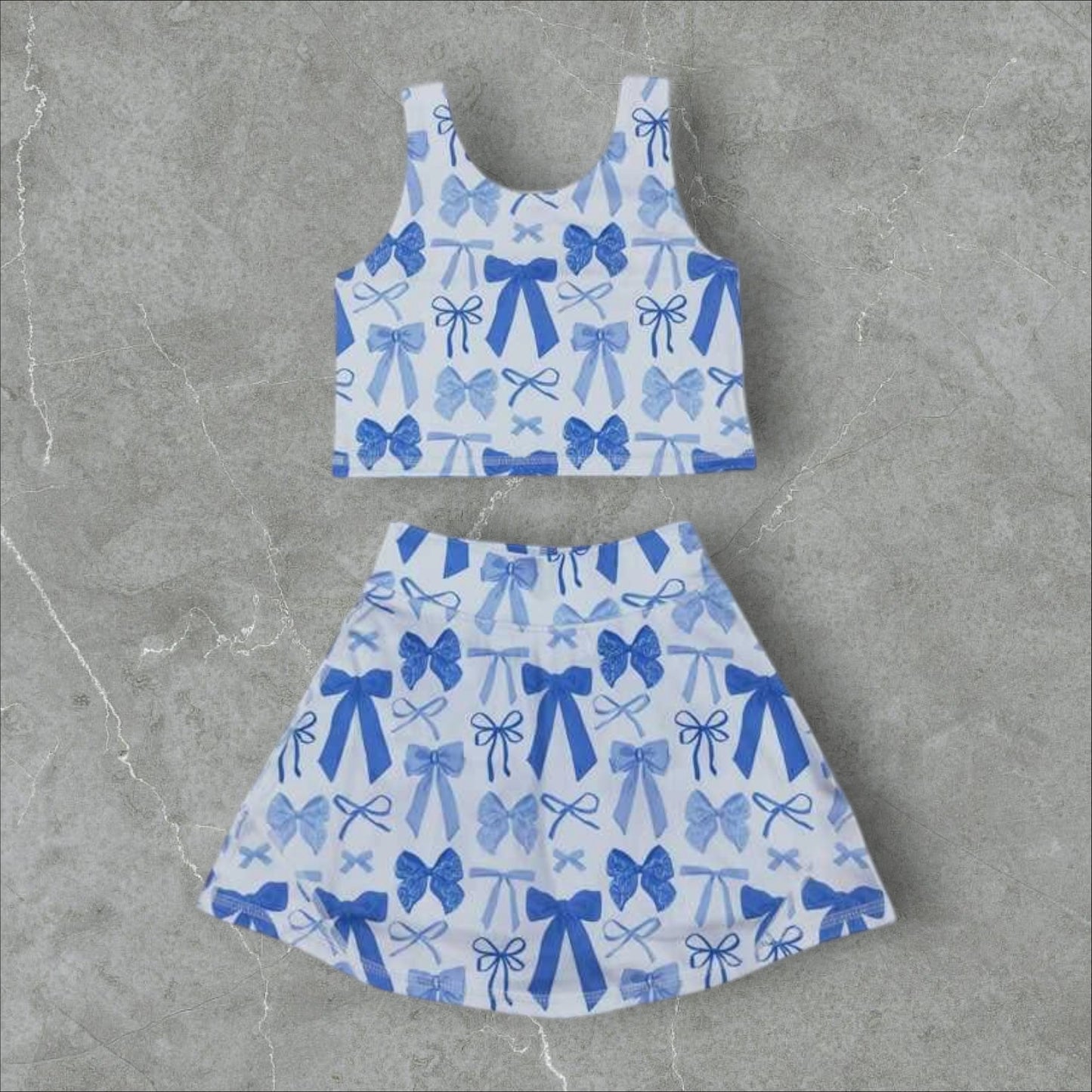 *PRE-ORDER* Blue Bows Athletic Crop / High Waisted Skirt Set