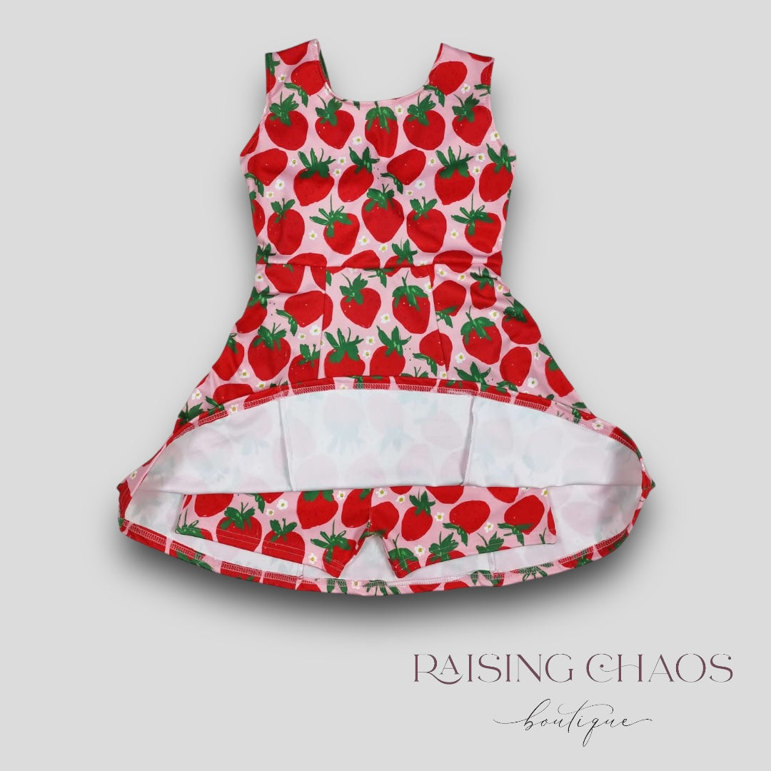 *Pre-Order* Strawberry Athletic Dress w Twist Back + Built-In Shorts