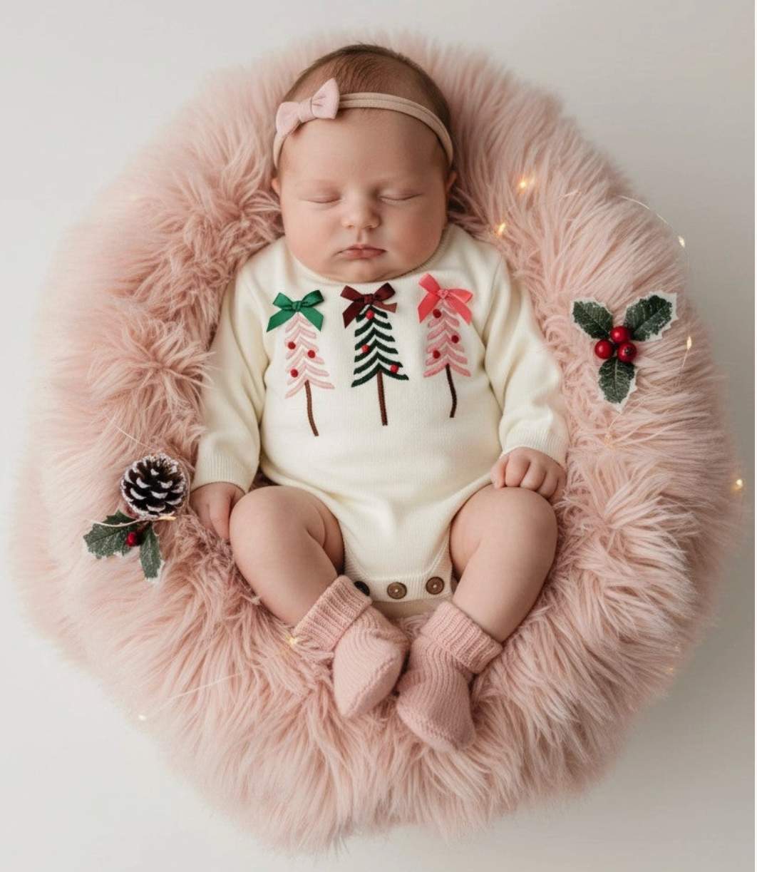 White Christmas Tree Knit Baby Bodysuit