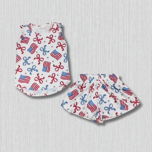 *PRE-ORDER* Patriotic - Flag + Bows Skirt Set