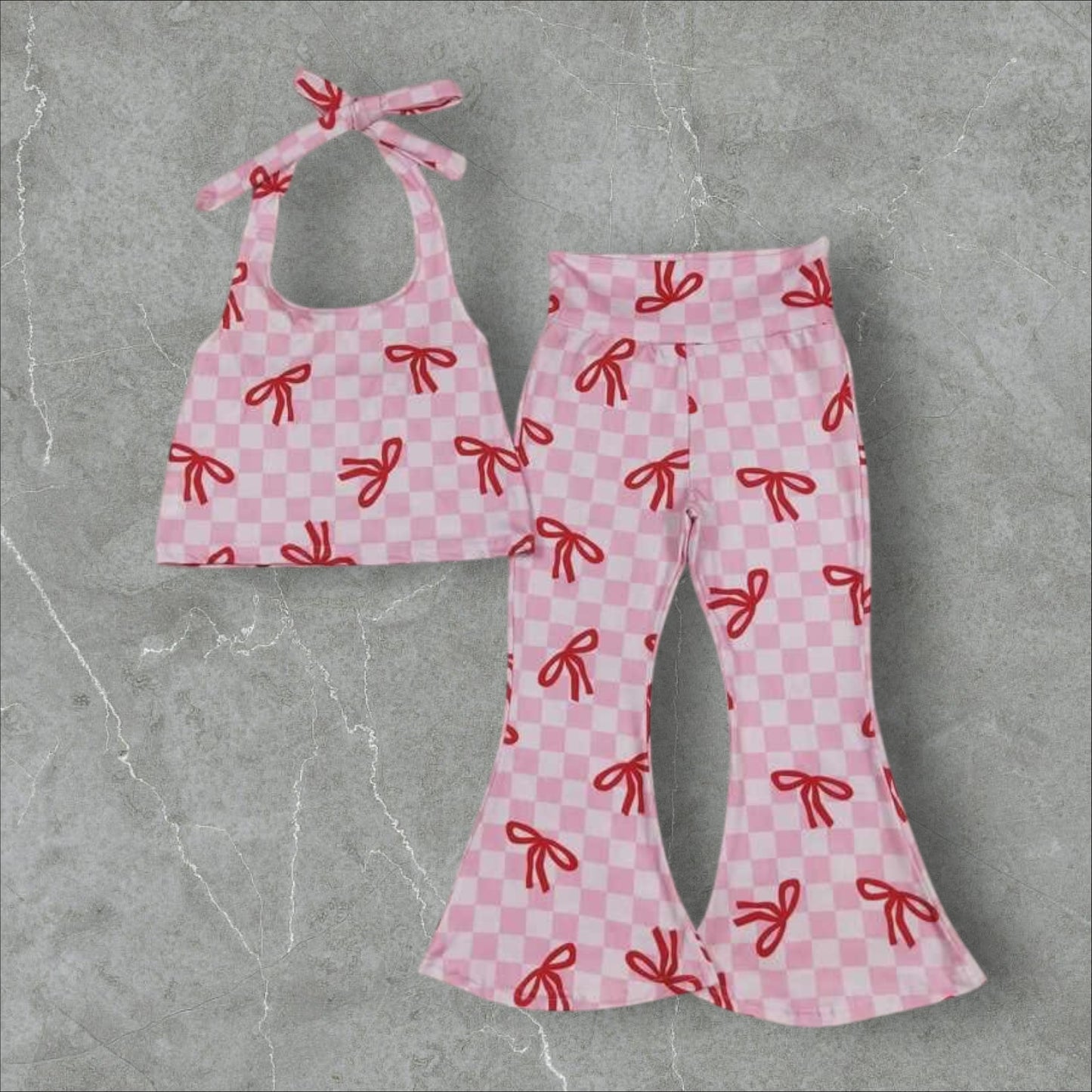 *PRE-ORDER* Pink Bow Checker Flares Set