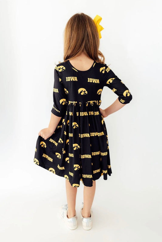 *PRE-ORDER* Iowa Black Tigerhawk 3/4 Sleeve Pocket Twirl Dress