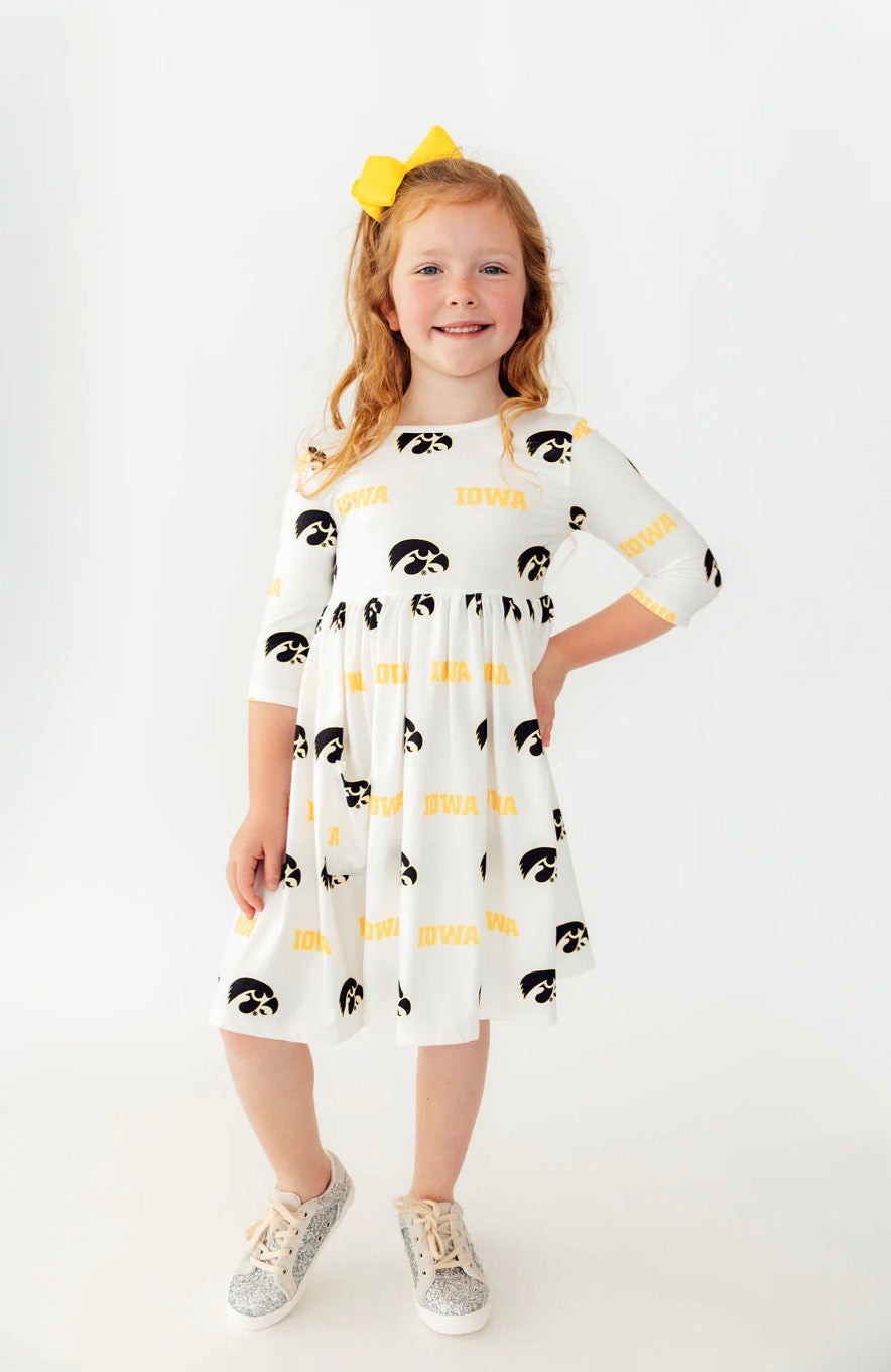 *PRE-ORDER* Iowa White Tigerhawk 3/4 Sleeve Pocket Twirl Dress