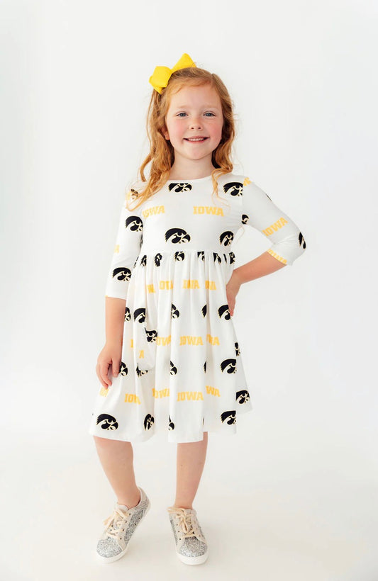 *PRE-ORDER* Iowa White Tigerhawk 3/4 Sleeve Pocket Twirl Dress