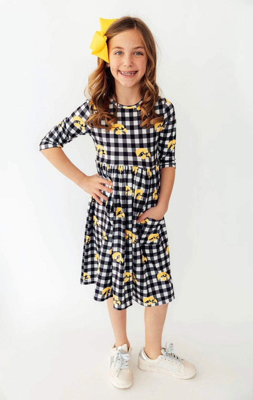 *PRE-ORDER* Iowa Plaid Tigerhawk 3/4 Sleeve Pocket Twirl Dress