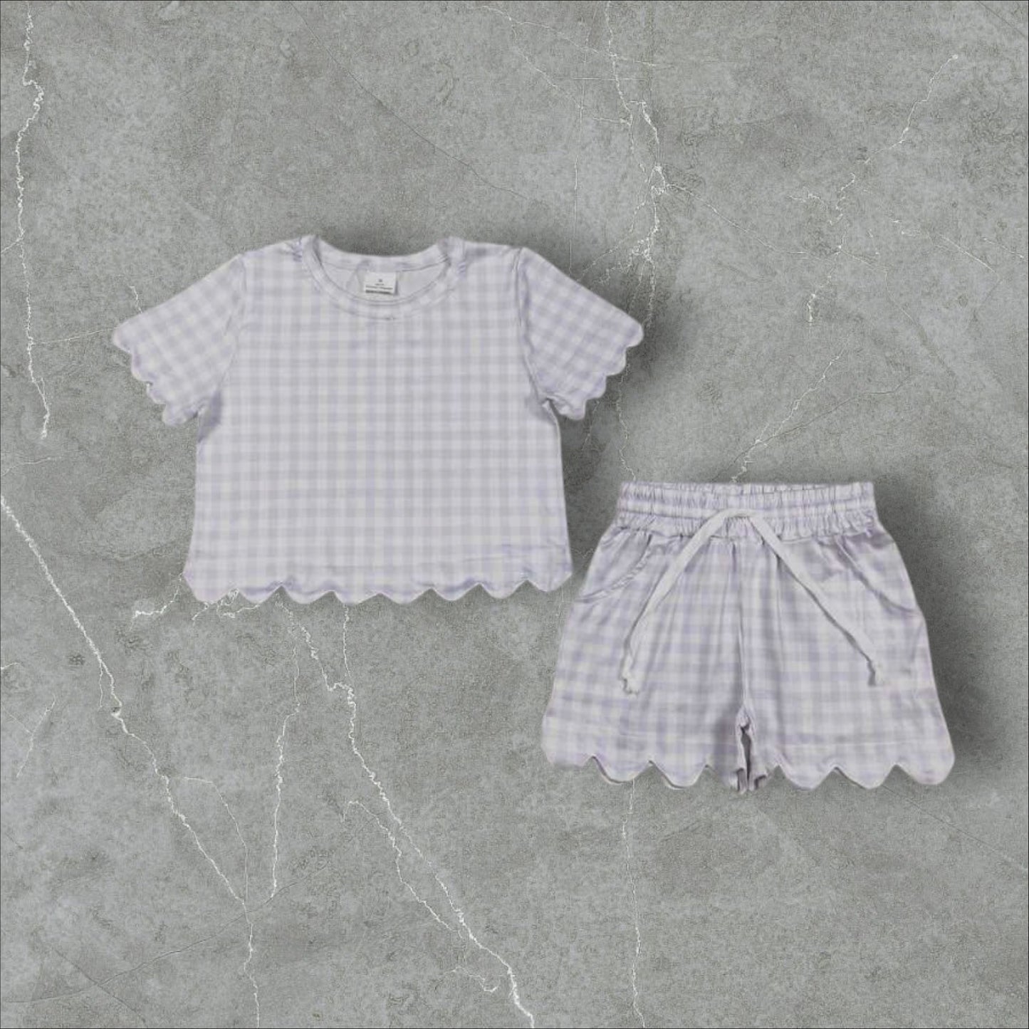 *PRE-ORDER* Grey Gingham Scallop Athletic Shorts Set
