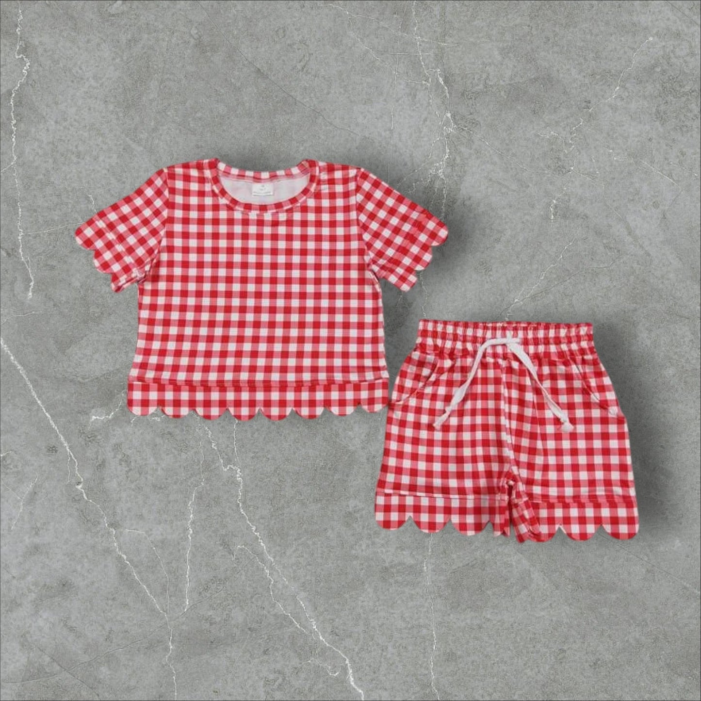 *PRE-ORDER* Red Gingham Scallop Athletic Shorts Set