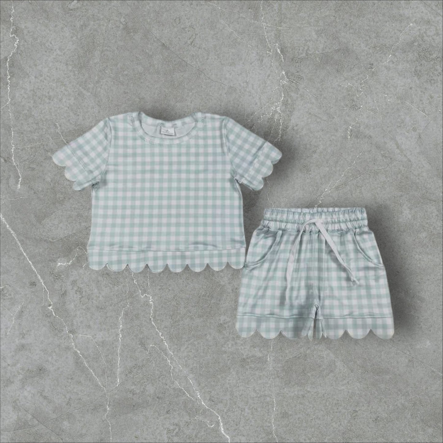 *PRE-ORDER* Sage Gingham Scallop Athletic Shorts Set