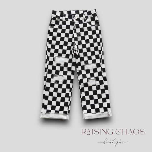 *Pre-Order* Black Distressed Check Denim Pants