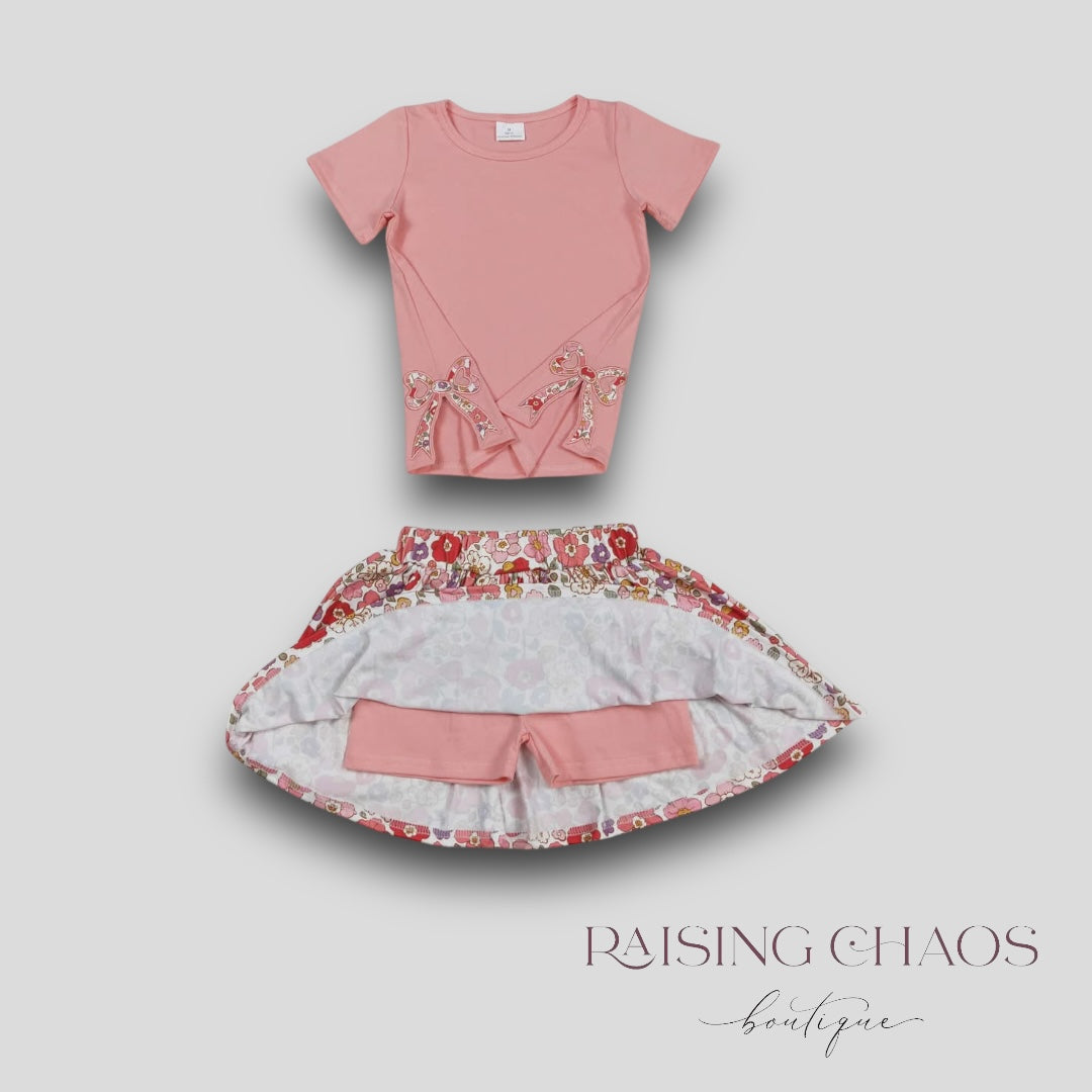 *PRE-ORDER* Floral Bow Cut Out Skort Set