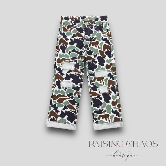 *Pre-Order* Distressed Camo Denim Pants