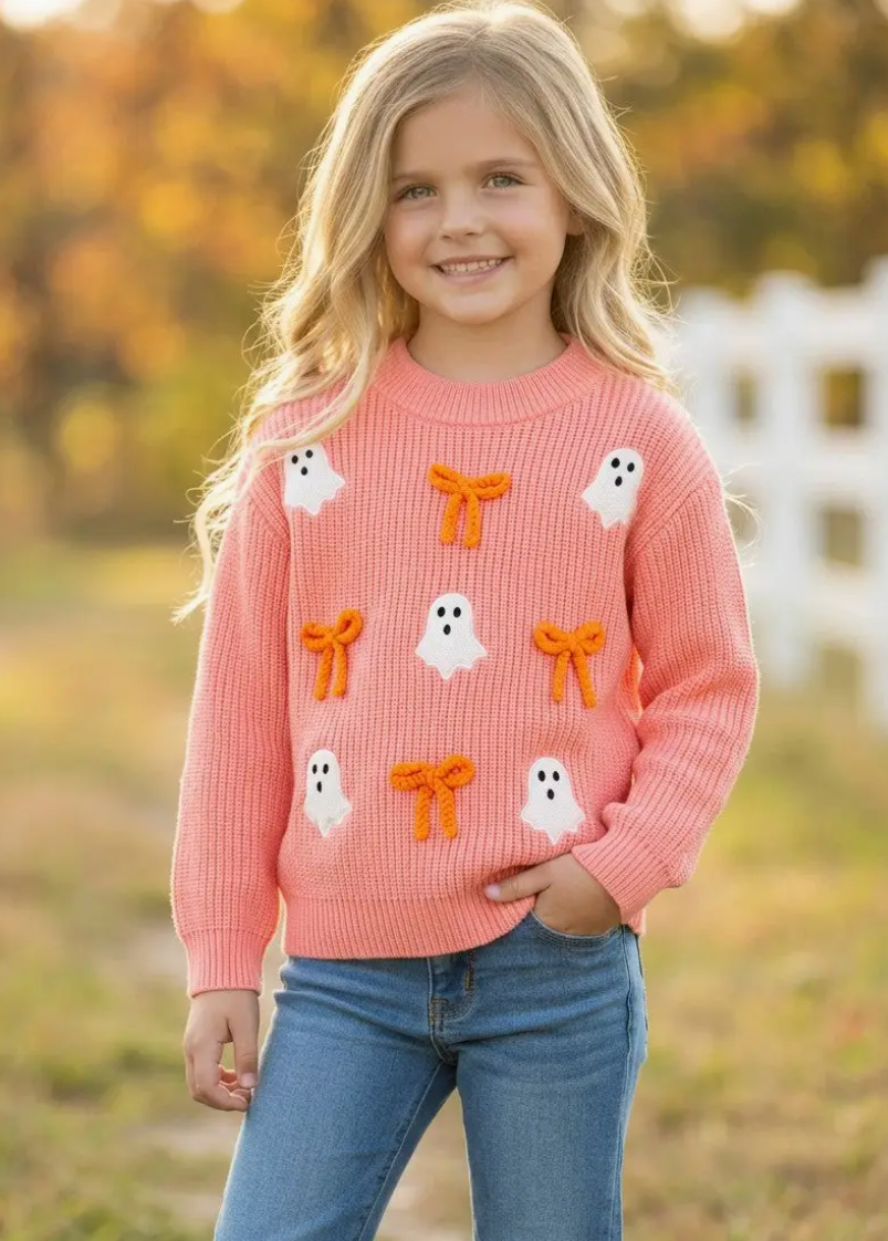 Ghost Applique and Orange Embroidered Bow On Coral Knitted Sweater
