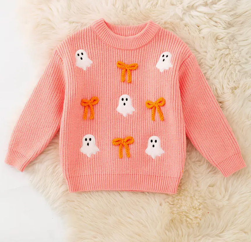 Ghost Applique and Orange Embroidered Bow On Coral Knitted Sweater