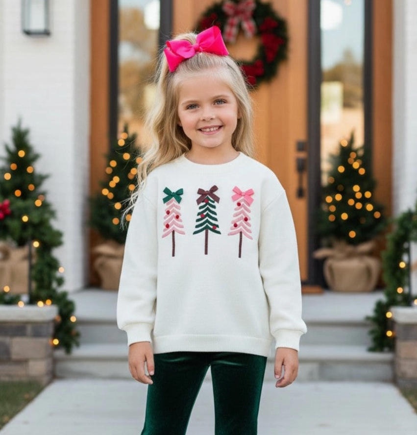 Multi Color Embroidered Christmas Tree On White Sweater