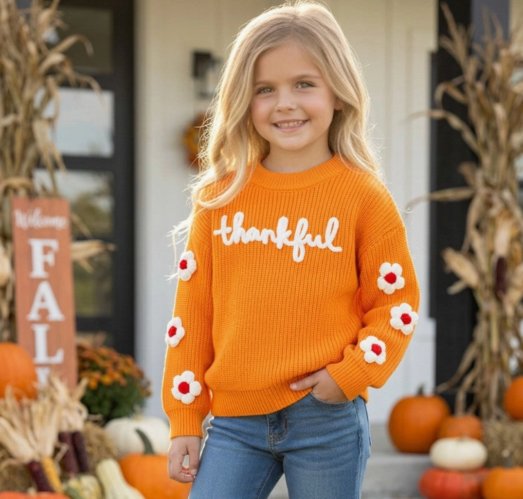 Orange Thankful Knit Sweater with Embroidered Flowers On Sleeves