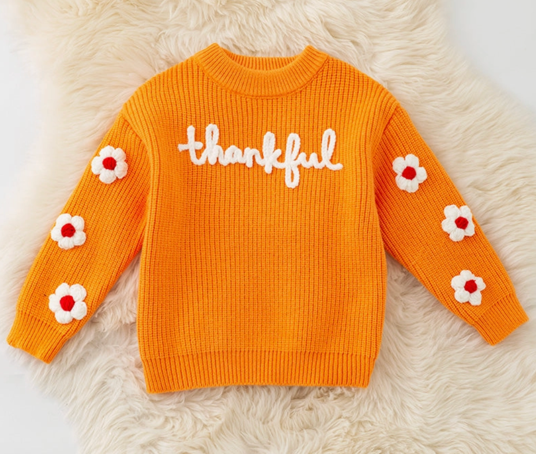 Orange Thankful Knit Sweater with Embroidered Flowers On Sleeves