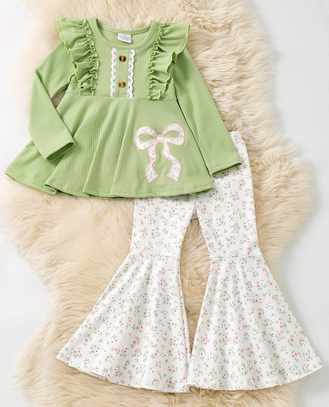 Green Ribbed Fabric Tunic with Floral Applique Bow and Floral Pants