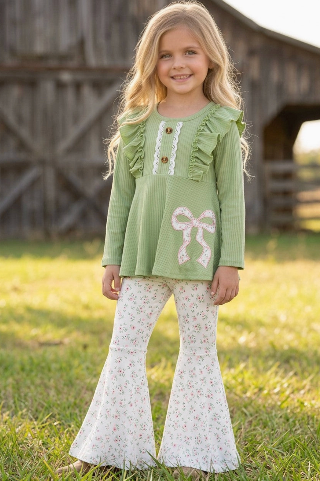 Green Ribbed Fabric Tunic with Floral Applique Bow and Floral Pants