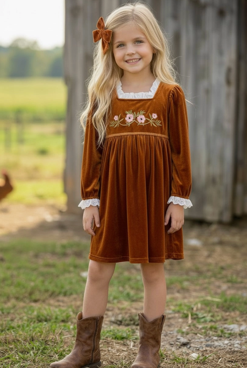 Golden Brown Faux Velvet Girls Dress w/ Floral Embroidery