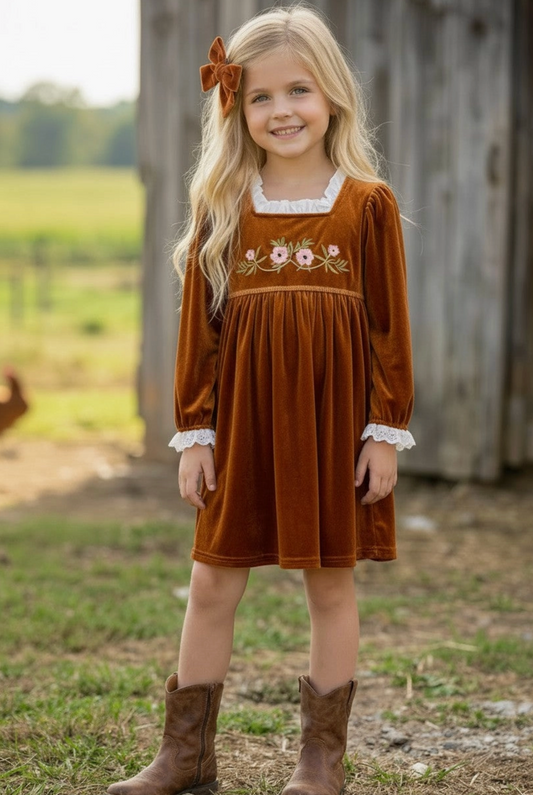 Golden Brown Faux Velvet Girls Dress w/ Floral Embroidery