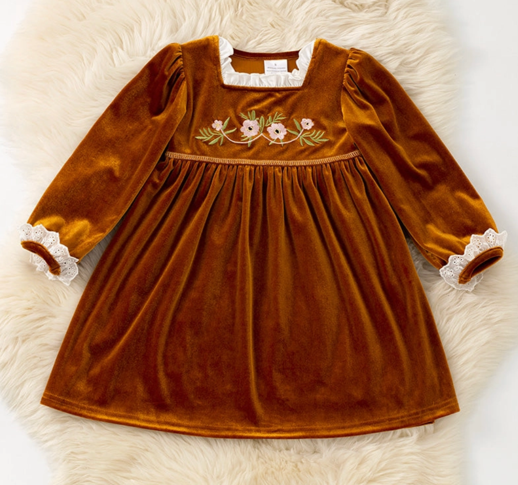 Golden Brown Faux Velvet Girls Dress w/ Floral Embroidery