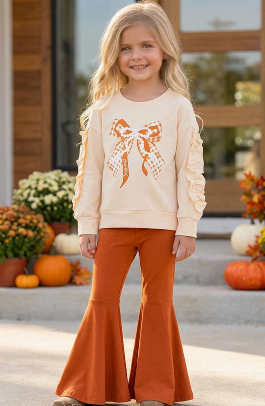 Pearl Bow Printed On Cream Sweatshirt w/ Ruffle and Rust Orange Bell Bottoms