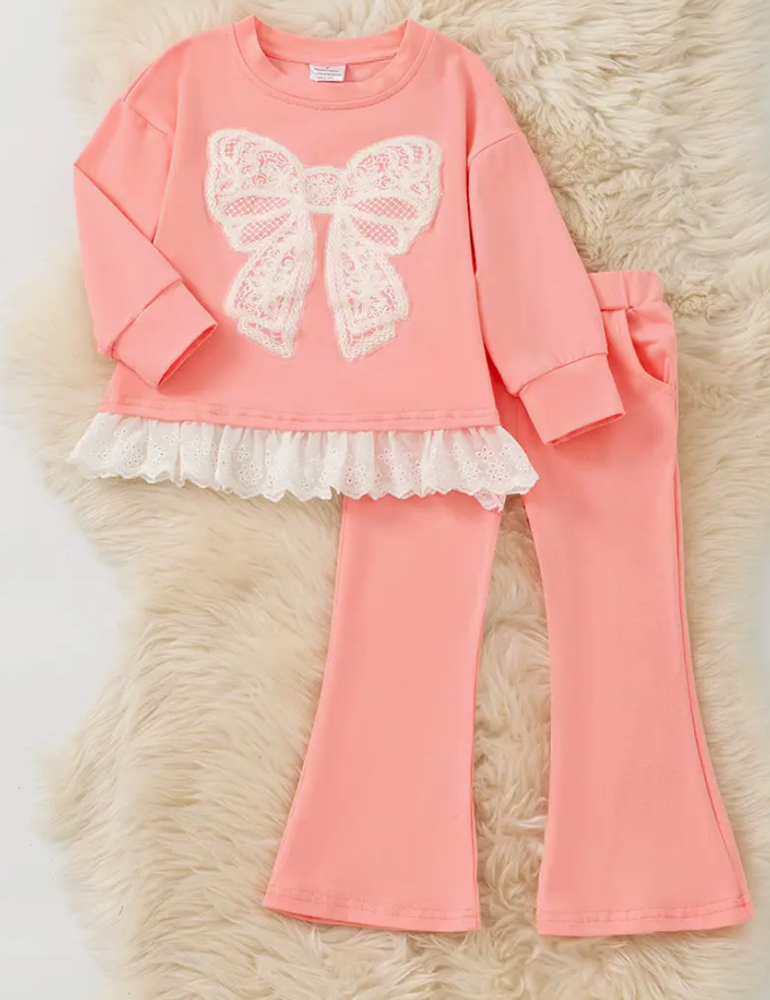 Lt. Coral Cream Lace Bow and Ruffle Hem and Coral Pants