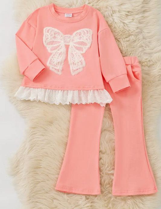 Lt. Coral Cream Lace Bow and Ruffle Hem and Coral Pants