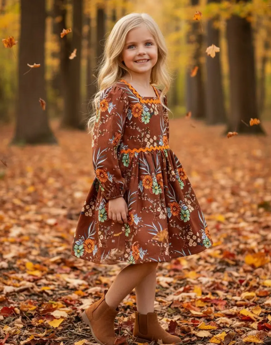 Brown Floral Long Sleeve Dress with Square Neckline