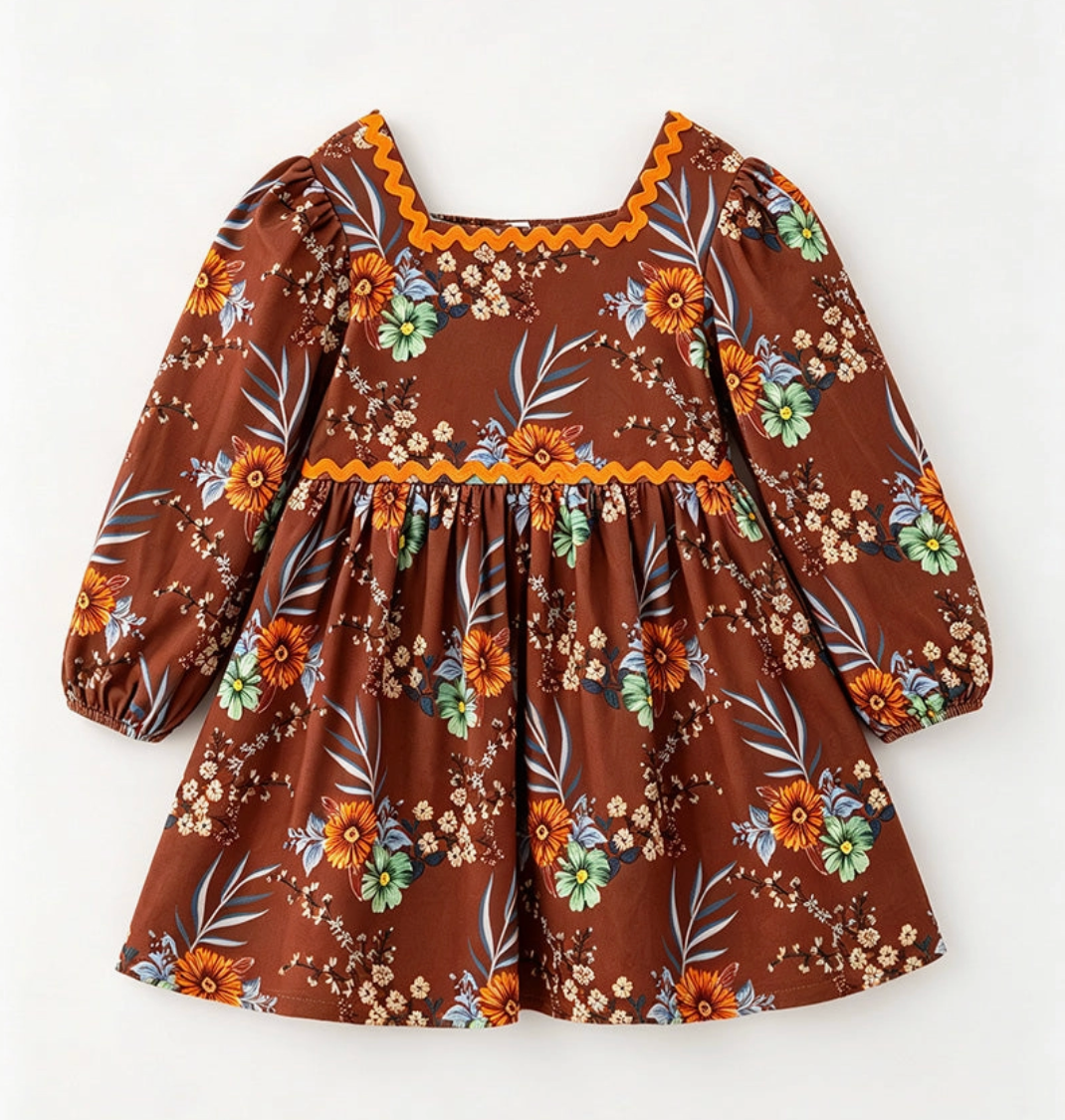 Brown Floral Long Sleeve Dress with Square Neckline
