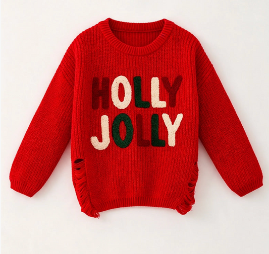 Red Holly Jolly Knit Sweater w/ Distressed Sides