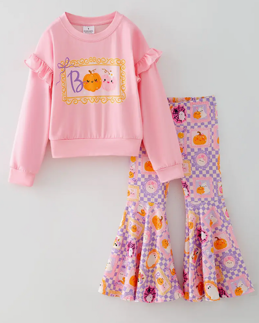 Boo" Pink Sweatshirt with Checkered Bell Bottoms