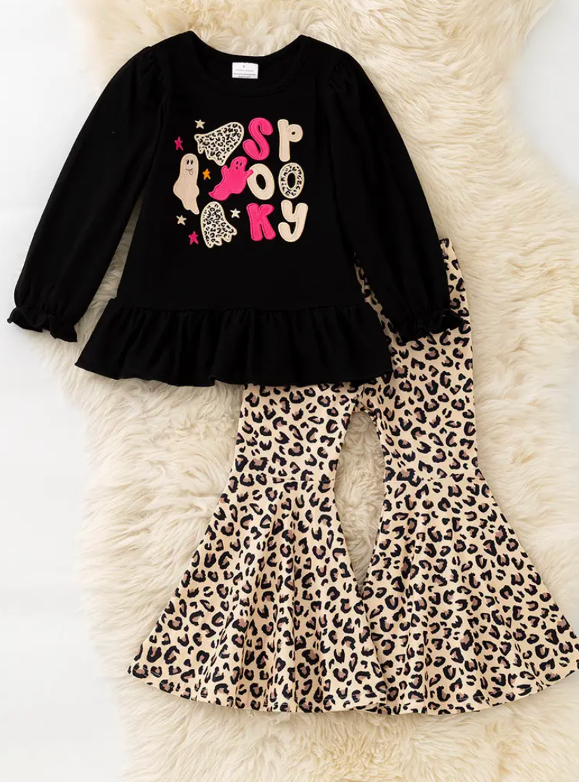"Spooky" Black Applique Long Sleeve Shirt and Cheetah Printed Bell Bottoms