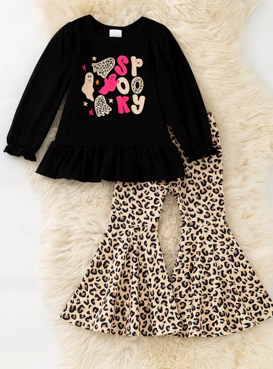 "Spooky" Black Applique Long Sleeve Shirt and Cheetah Printed Bell Bottoms