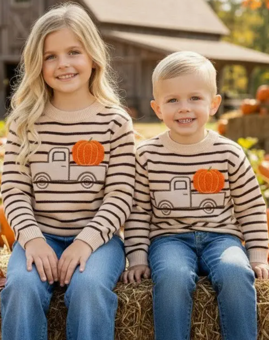 Unisex Brown Stripe On Ivory Knit Sweater w/ Pumpkin On A Truck