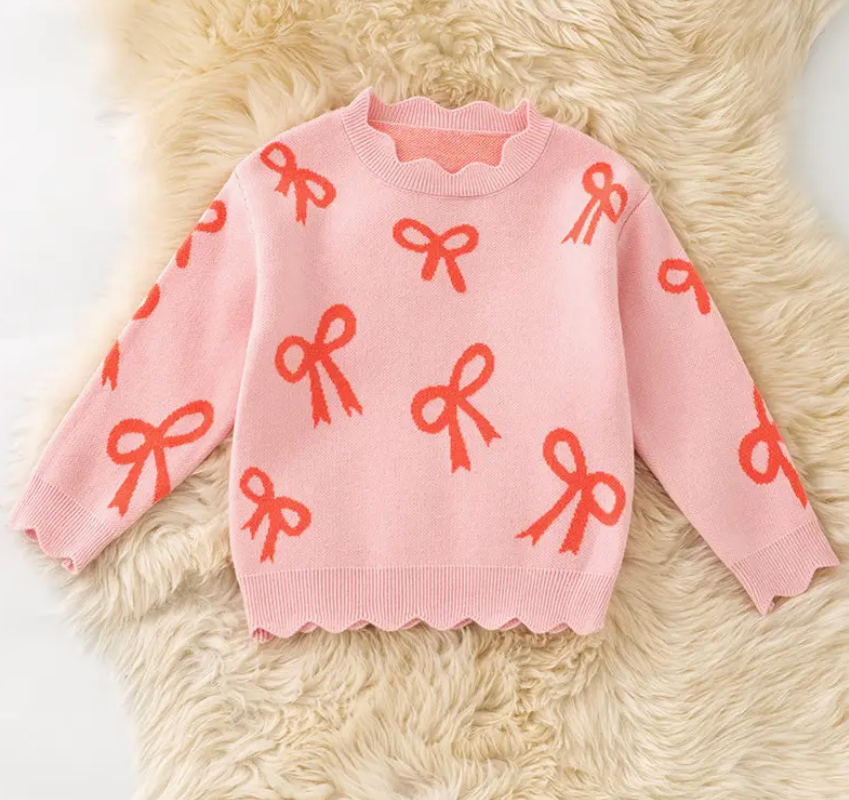 Coral Bow On Pink Pullover Knit Sweater w/ Scalloped Hem