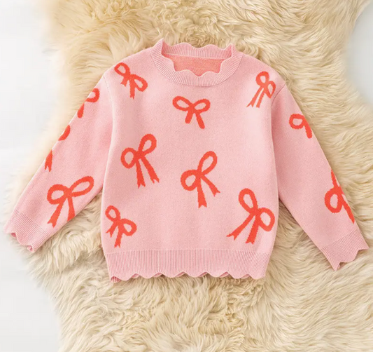 Coral Bow On Pink Pullover Knit Sweater w/ Scalloped Hem
