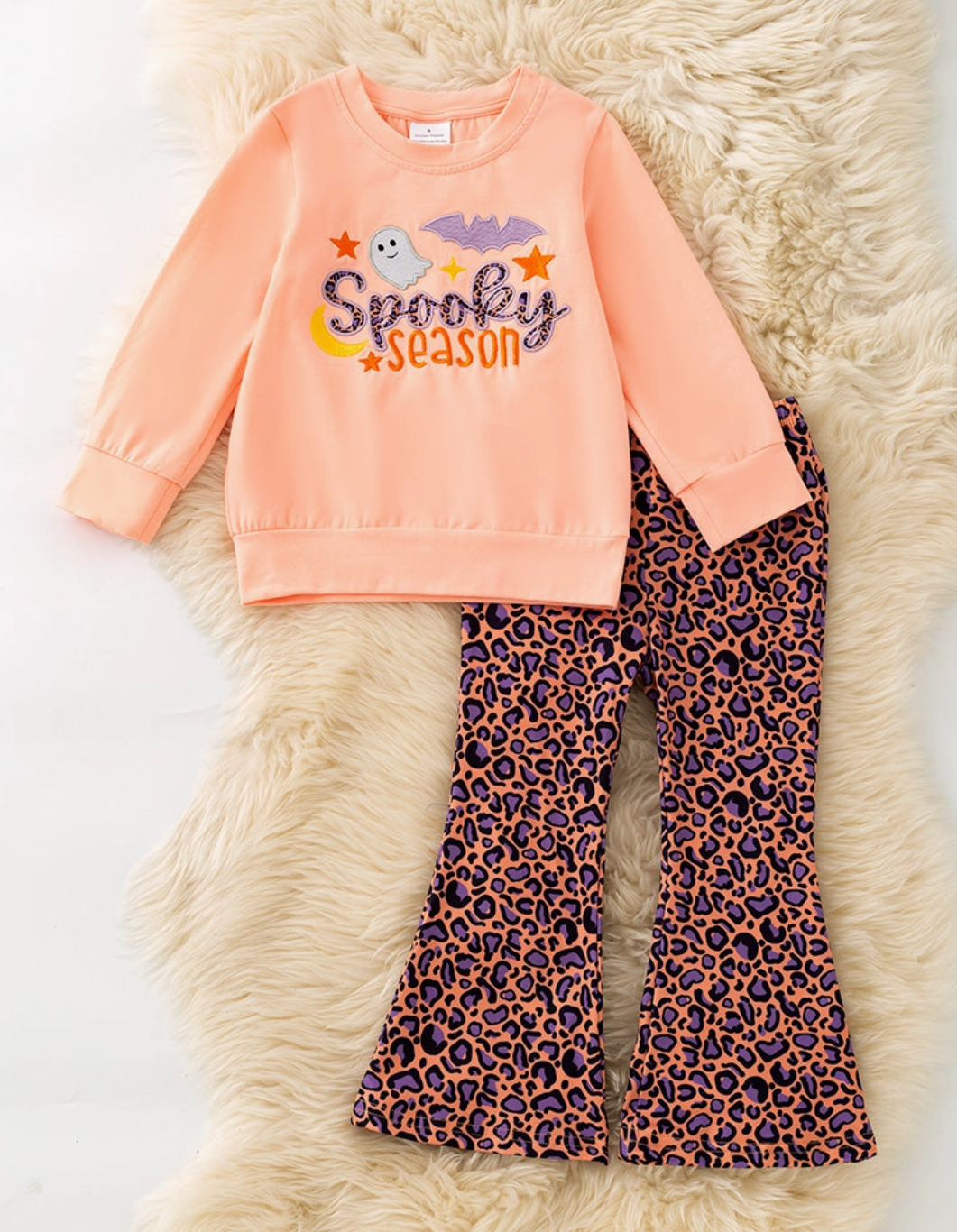 "Spooky Season" Coral Applique Sweatshirt with Animal Printed Bell Bottoms