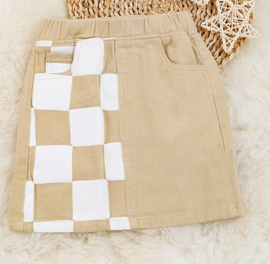 Ivory Size Printed Checker Denim Skirt