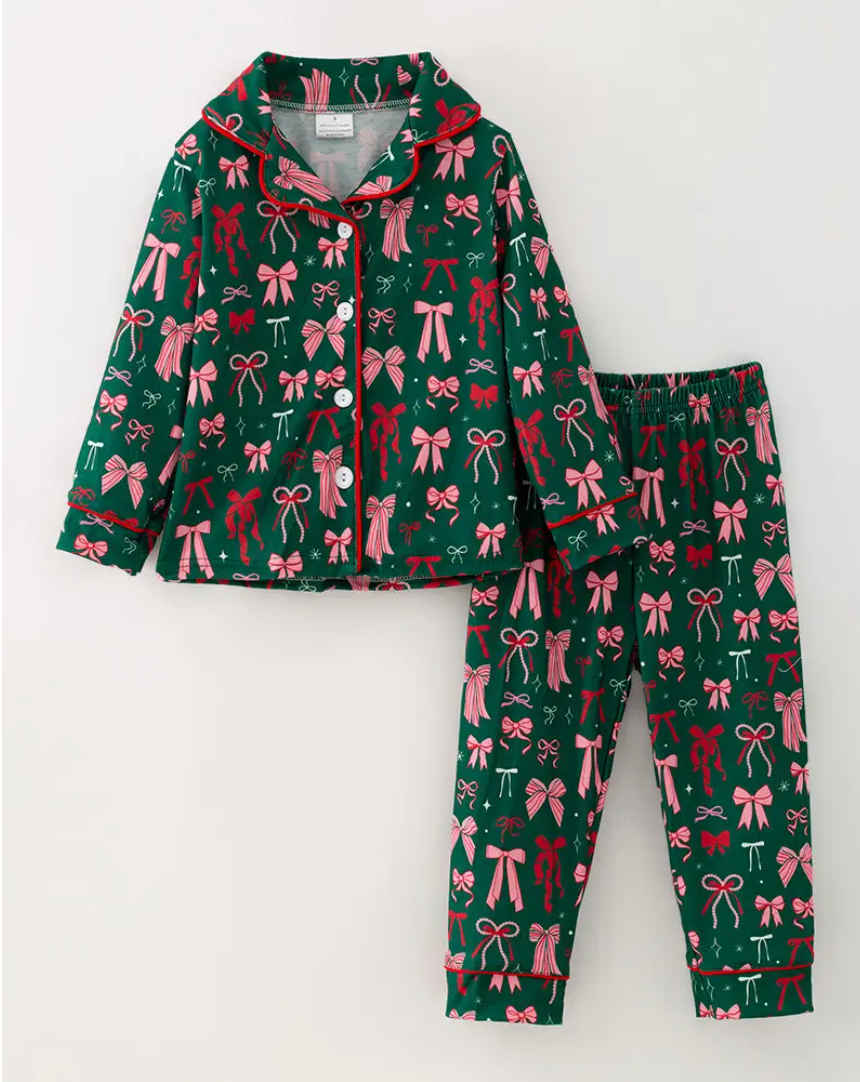 Pink and Red Bow Printed On Green Pajamas Set
