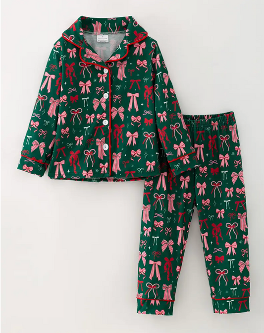 Pink and Red Bow Printed On Green Pajamas Set