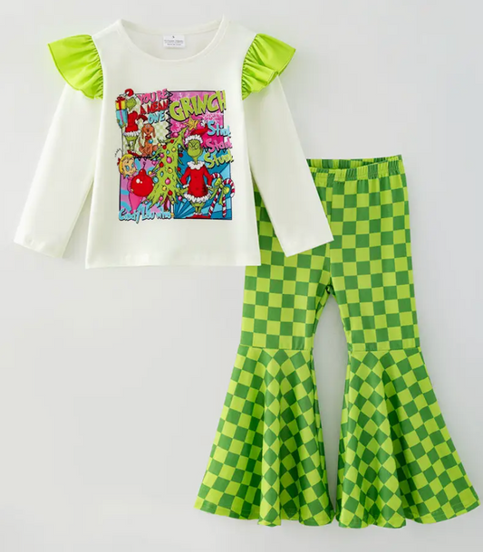 Christmas Character Long Sleeve Top and Green Checkered Bell Bottoms