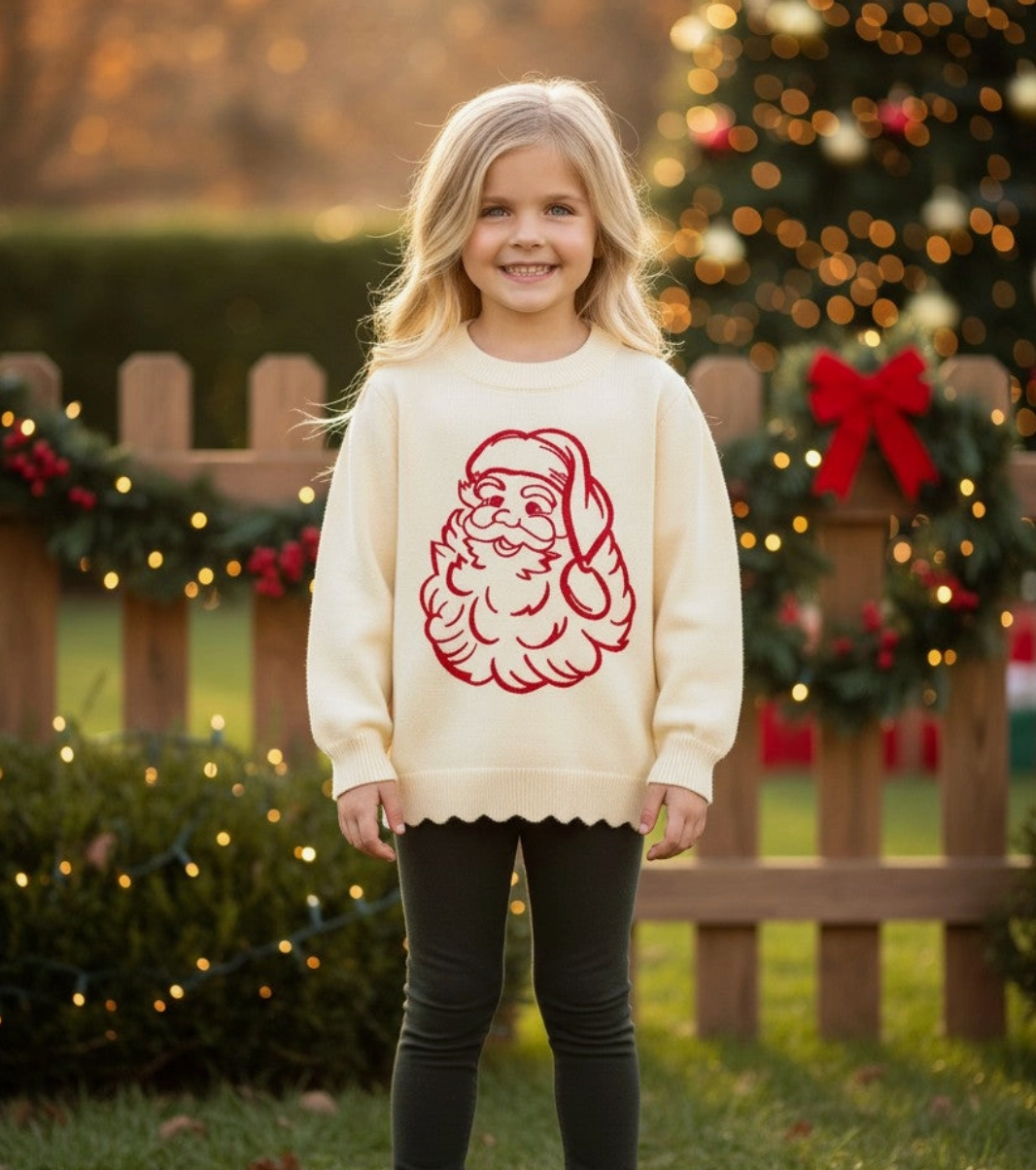 Ivory Knit Sweater with Embroidered Santa