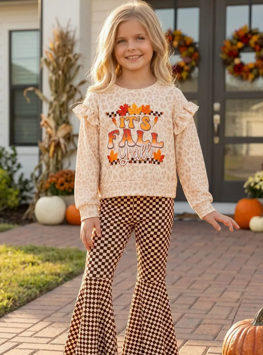 It's Fall Y'all Cheetah Printed Sweatshirt and Checkered Bell Bottoms