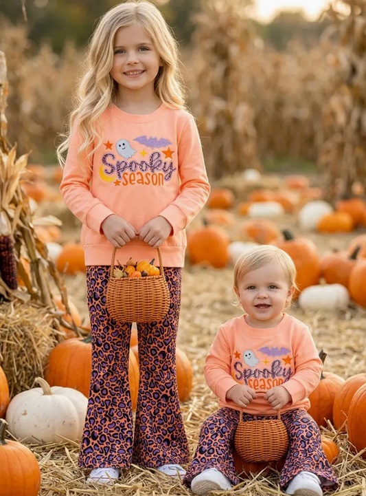 "Spooky Season" Coral Applique Sweatshirt with Animal Printed Bell Bottoms